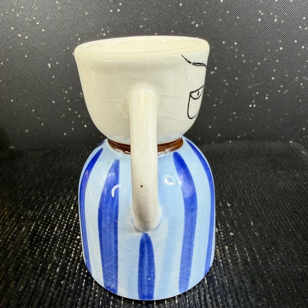 1950s Napco Whimsical Man in Suit Ceramic Egg Cup Holder Blue Striped Tie